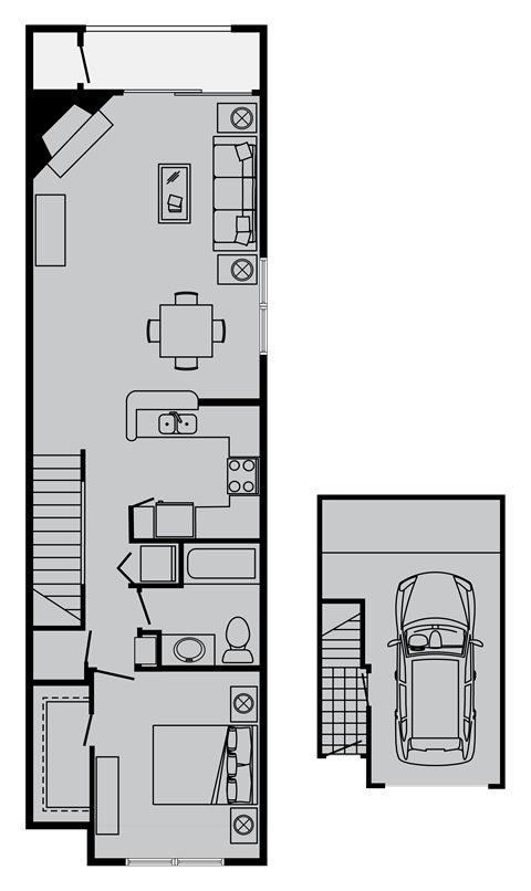 Floor plan for 1 bed, 1 bath, 805 sqft